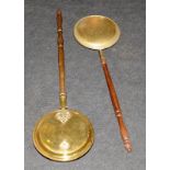 Vintage wooden handled brass bed warmers. Two in lot