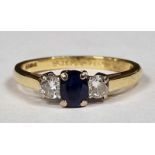 sapphire 0.20 approx and diamond 3 stone 18ct gold ring with excellent stones, Size N, 3.0gms, Boxed