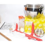 A quantity of jam making equipment to include a boxed stainless steel Maslin pan and a vintage