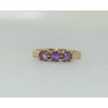 9ct gold ladies 3 stone antique set Amethyst ring size Q