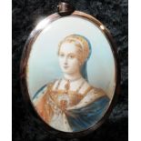 Large antique portrait miniature of Jane Seymour, third wife of Henry VIII by Gerard. Yellow metal
