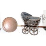 An antique long handled copper bed warmer c/w an antique dolls pram