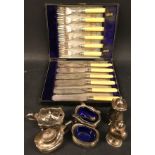 Collection of silver plated condiments some with Bristol Blue glass liners together with a boxed set