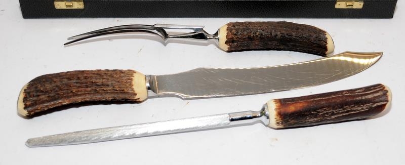 George Butler of Sheffield.3 piece carving set with stag horn handles presented in original box - Image 2 of 3