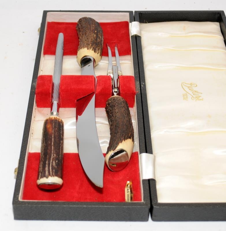 George Butler of Sheffield.3 piece carving set with stag horn handles presented in original box - Image 3 of 3