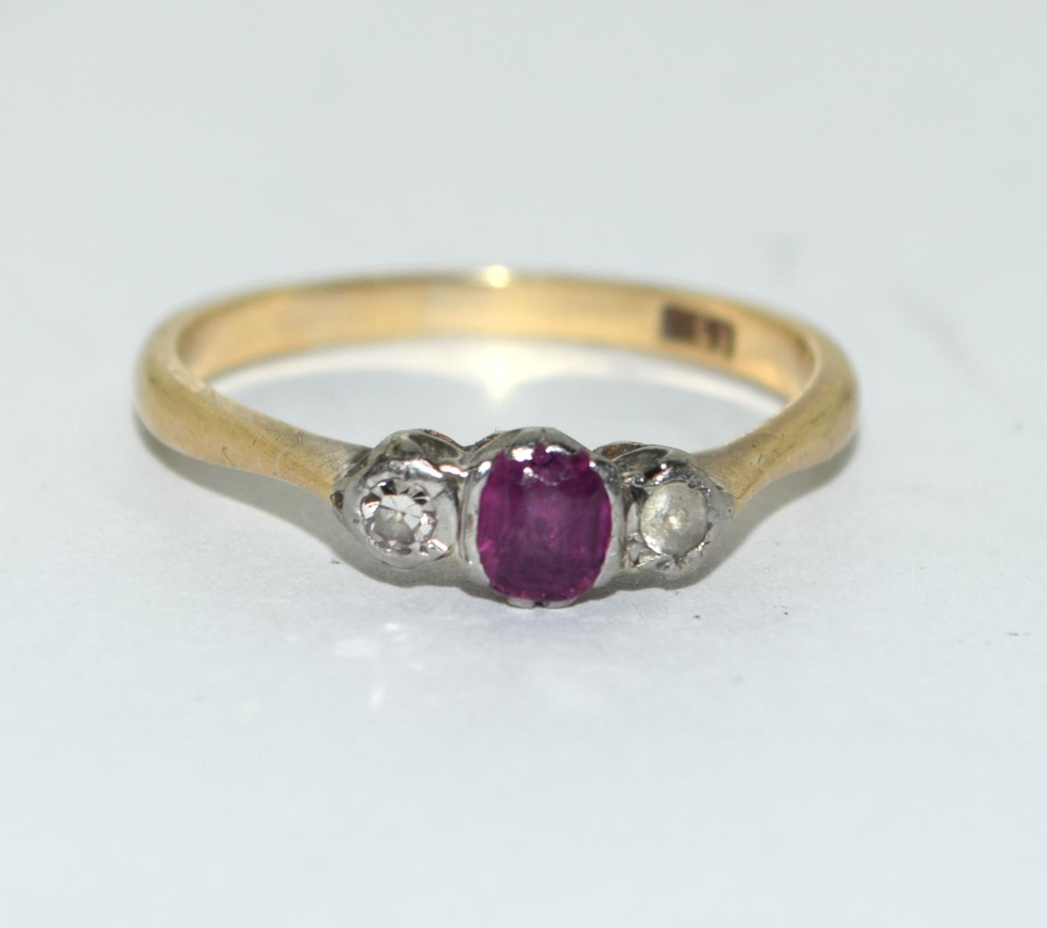 9ct gold ladies Ruby and Diamond 3 stone ring size O