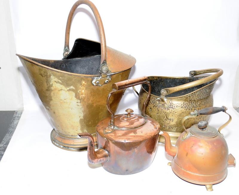 Vintage copper and brass to include coal scuttles and kettles. Four in lot