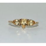 9ct gold ladies lemon citron 3 stone ring size Q