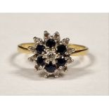 Diamond and Sapphire 18ct gold daisy ring Size P 3.4g