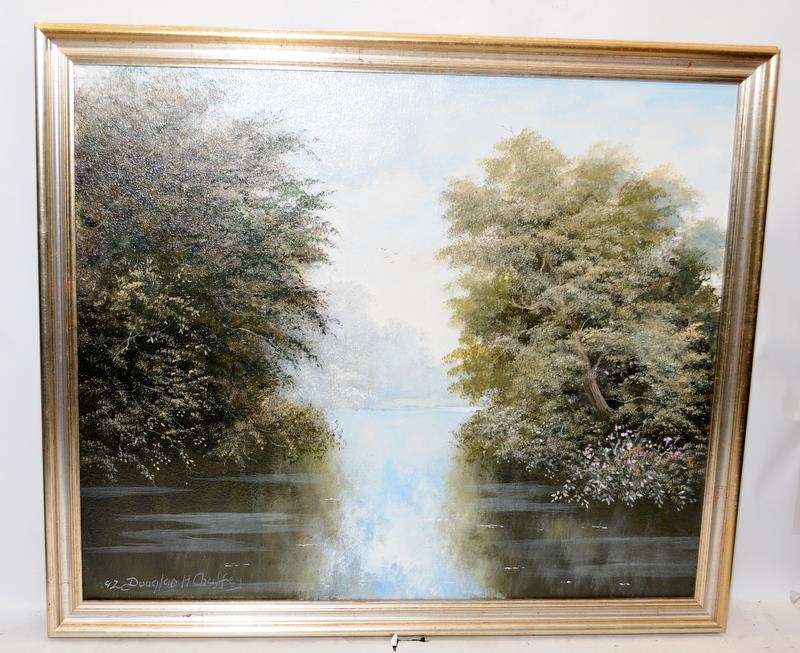 Framed original oil on canvas of a lakeside scene signed Douglas H Chaffey to bottom left corner.
