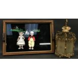 Vintage twin handled oak tray featuring decorative pictorial image of a boy and girl together with a