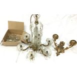 Brass centre room light with 6 bulb fitments and hanging glass Garniture with a box of various