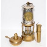 Vintage Eccles oil inspector lamp c/w a brass oil reservoir and wick and an antique brass