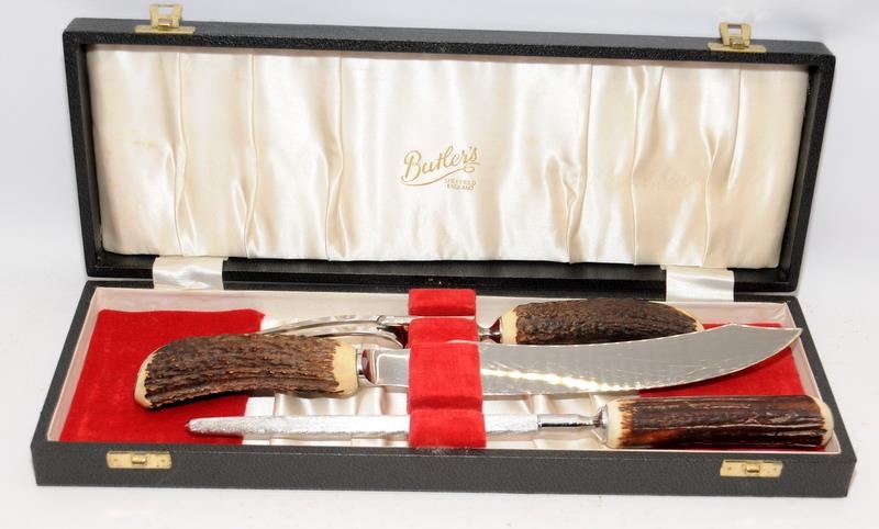 George Butler of Sheffield.3 piece carving set with stag horn handles presented in original box