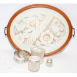 Vintage wooden tray with a glazed lace base c/w trinket pots including silver lidded examples.