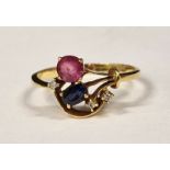 Diamond, pink sapphire, blue 18ct gold ring Size P, 2.8gm Boxed