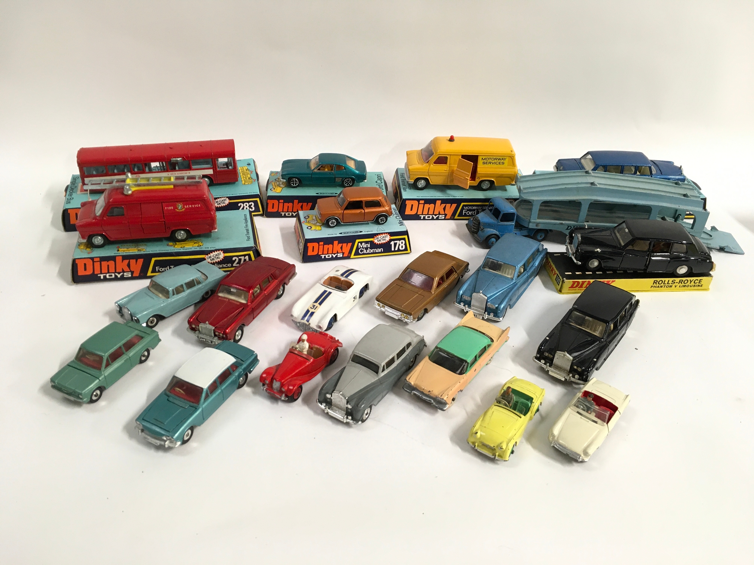 Dinky group of diecast vehicles to include 283 Single Decker Bus, 165 Ford Capri, 178 Mini