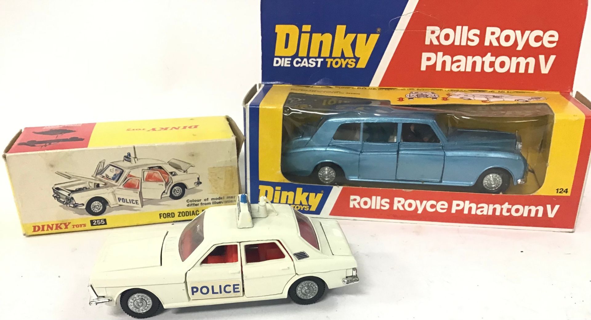 2 Dinky Models: 255 Ford Zodiac "Police" Car - off-white, red interior with figure driver, chrome