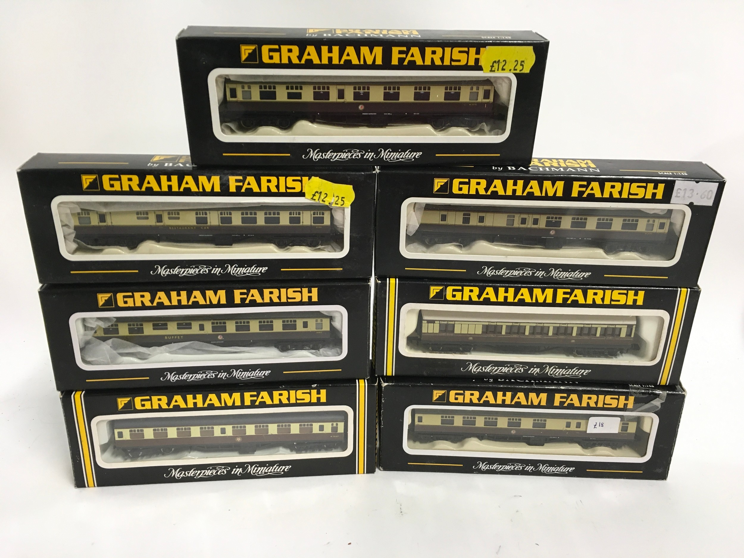 7 x assorted Graham Farish N Gauge Chocolate and Cream coaches, boxed.
