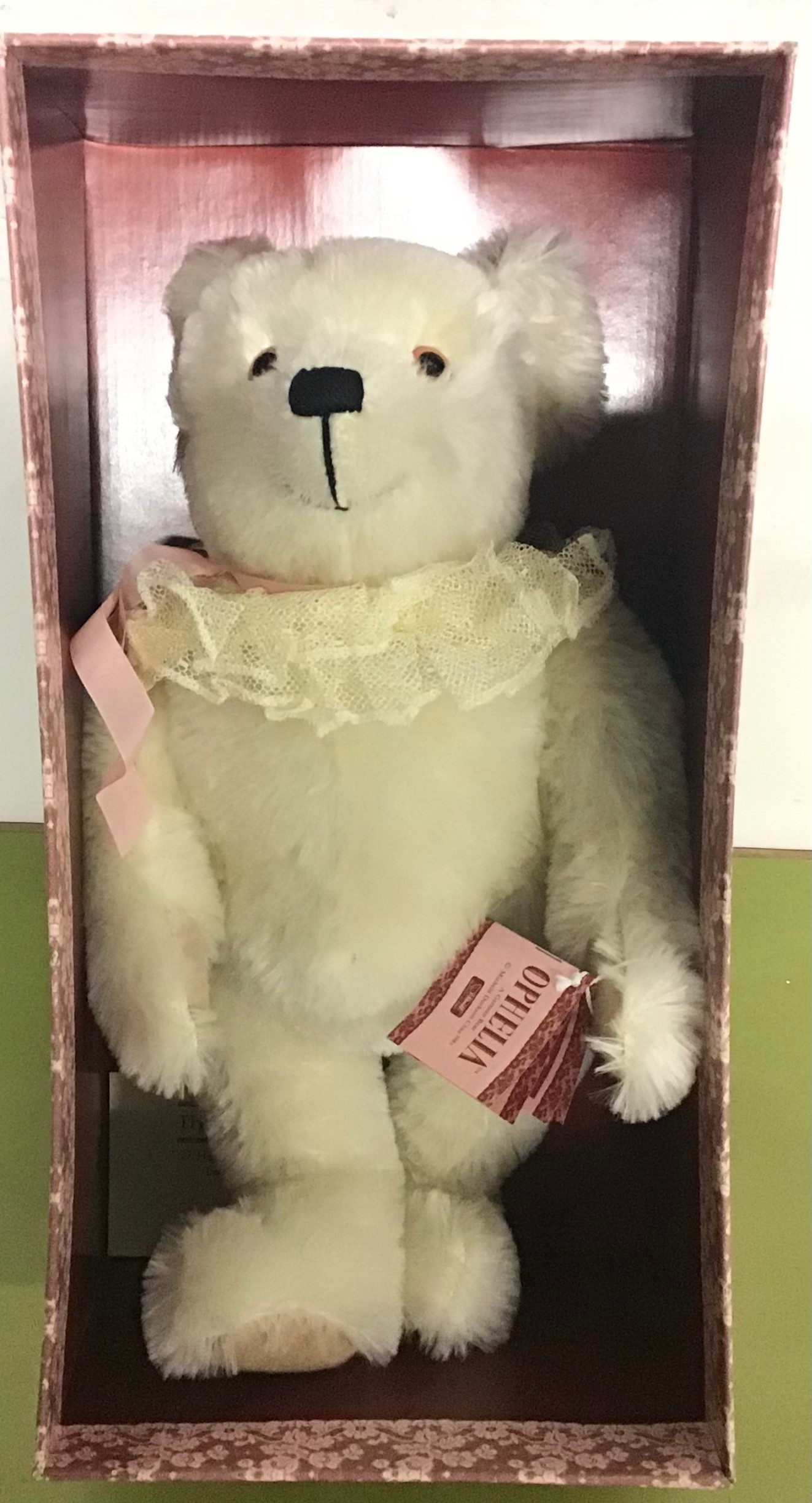 Steiff Ophelia teddy bear, 1984-89, exclusive for USA, white mohair bear designed by Michele Durkson