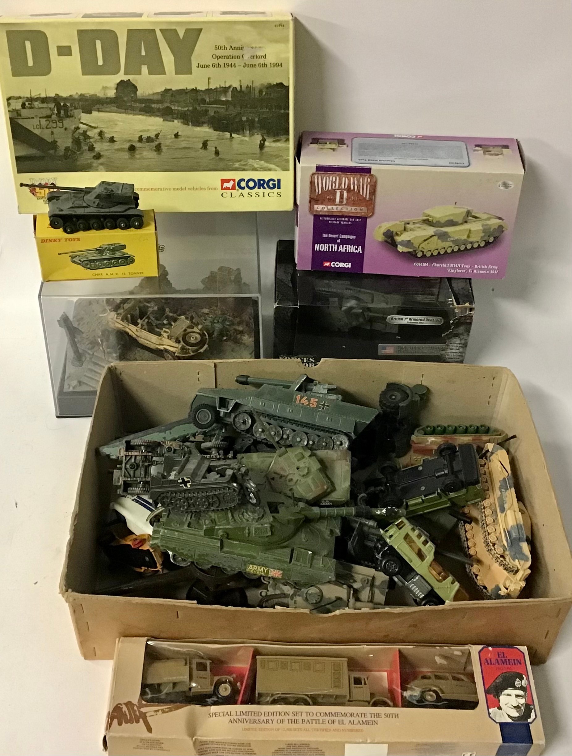 Military diecast group to include Dinky 817 Char A.M.X 13 Tonnes (model has no tracks), boxed, Corgi