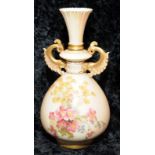 Antique Royal Worcester gilded blush ivory twin handled vase with floral decoration No.1327. 25cms