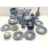 Large collection of Wedgwood Jasperware pieces. Mainly light blue with one darker blue piece. 21