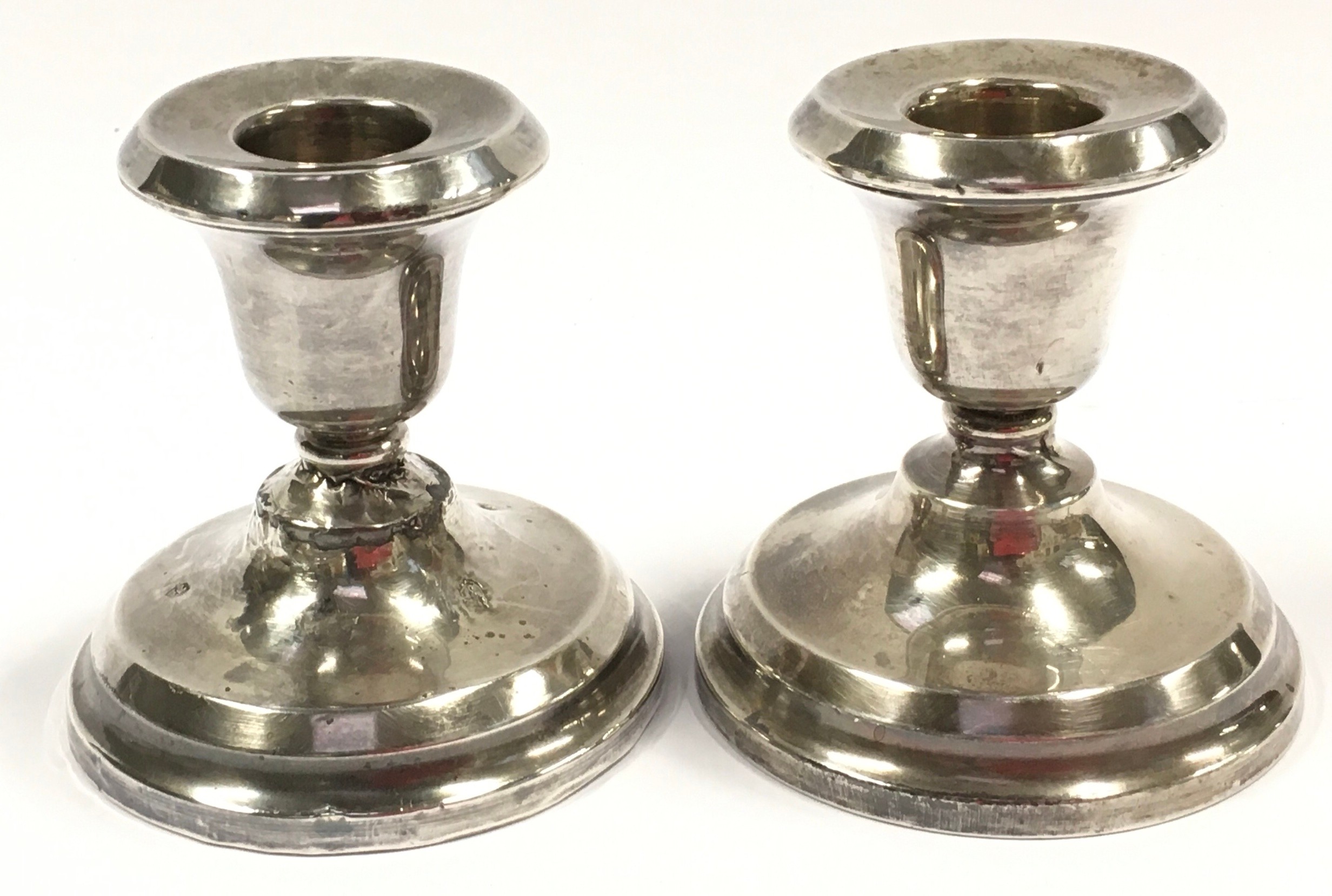 Pair of silver hallmarked squat candlesticks together with a silver hallmarked oil lamp. - Image 2 of 6