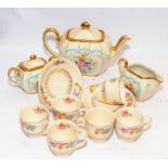 Vintage Sadlers pottery Teapot, creamer and covered sugar bowl c/w a set of six H&K Tunstall