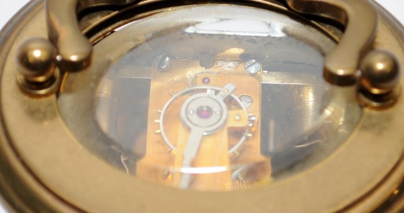 Quality Matthew Norman miniature oval carriage clock with key. Seen working. All bevelled glass - Image 5 of 5