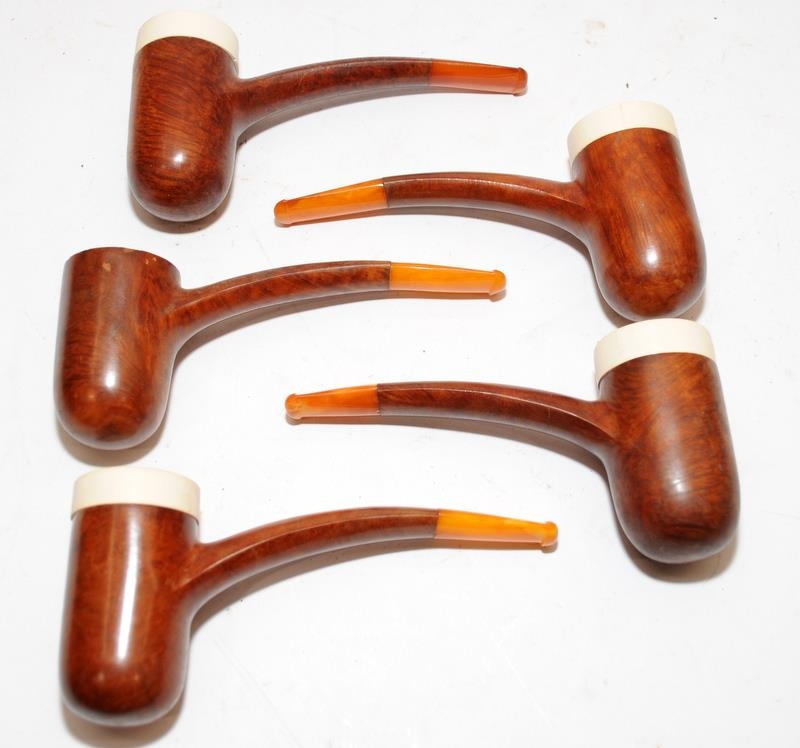 Collection of vintage briar pipes with amber mouthpieces, includes a silver collar example and a - Image 3 of 4