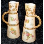 Pair of antique Royal Worcester gilded blush ivory Japanese inspired water jugs with hand painted