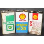 Collection of three vintage one gallon advertising oil cans to include BP Energol, Shell Engine