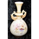 Antique Royal Worcester gilded blush ivory twin handled vase with hand painted floral decoration