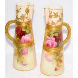 Sedgley signed pair of Royal Worcester gilded blush ivory Oriental inspired water jugs with hand