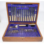 Quality vintage oak cased cutlery set by WR Humphrey & Co. Good level of completeness.