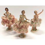 Dresden collection of three porcelain ballerina figurines. All sold requiring restoration.