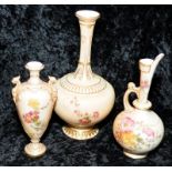 Three pieces of antique Royal Worcester gilded blush ivory to include a tall necked water jug, a