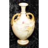 Antique Royal Worcester gilded blush ivory tall twin handled urn with hand painted floral