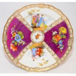 Antique Meissen cabinet plate with quatrefoil decoration featuring bouquets and courting couples.