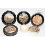 Collection of Victorian Prattware pot lids. Four presented framed and one loose. Lot includes two
