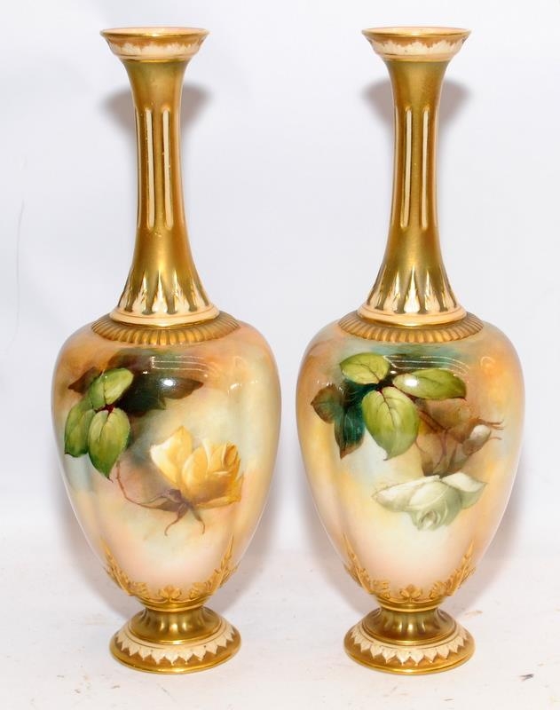 Signed Hood pair of Royal Worcester gilded blush ivory baluster vases with hand painted floral - Image 2 of 4