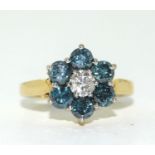 14ct Gold Blue and White Diamond ring. Approx 1.5cts. Size M.