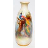 A Lane signed Royal Worcester gilded blush ivory bottle vase with hand painted peacock and peahen