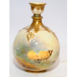 H Davis signed Royal Worcester gilded blush ivory bulbous vase with hand painted decoration