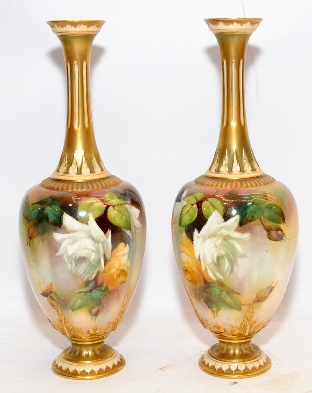 Signed Hood pair of Royal Worcester gilded blush ivory baluster vases with hand painted floral