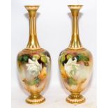 Signed Hood pair of Royal Worcester gilded blush ivory baluster vases with hand painted floral