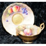 Exceptional Royal Worcester hand painted fruits cup and saucer signed by Albert Shuck