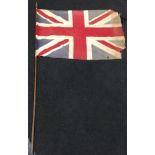 Vintage flag pole with weathered Union Jack flag attached. Pole 189cm long, flag 110x80cm.
