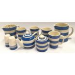 T.G. Green "Cornish Blue" collection of mugs, tea pot, salt/pepper shakers and two measuring jugs.